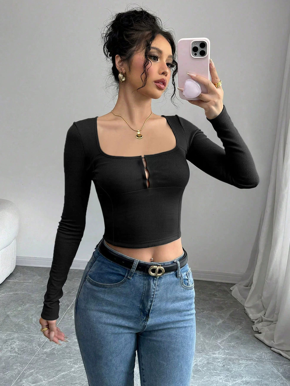 ZARA Fall Sexy Square Neck Long Sleeve Stretchy Tight Crop Tee for Women